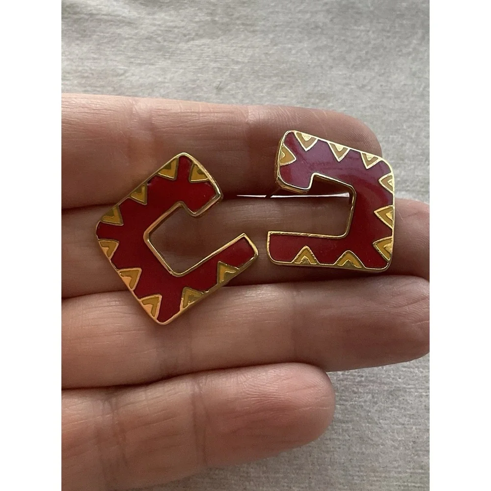 Laurel Burch "Galeza" square stud earrings Red Yellow Enamel Vintage - Picture 2 of 8